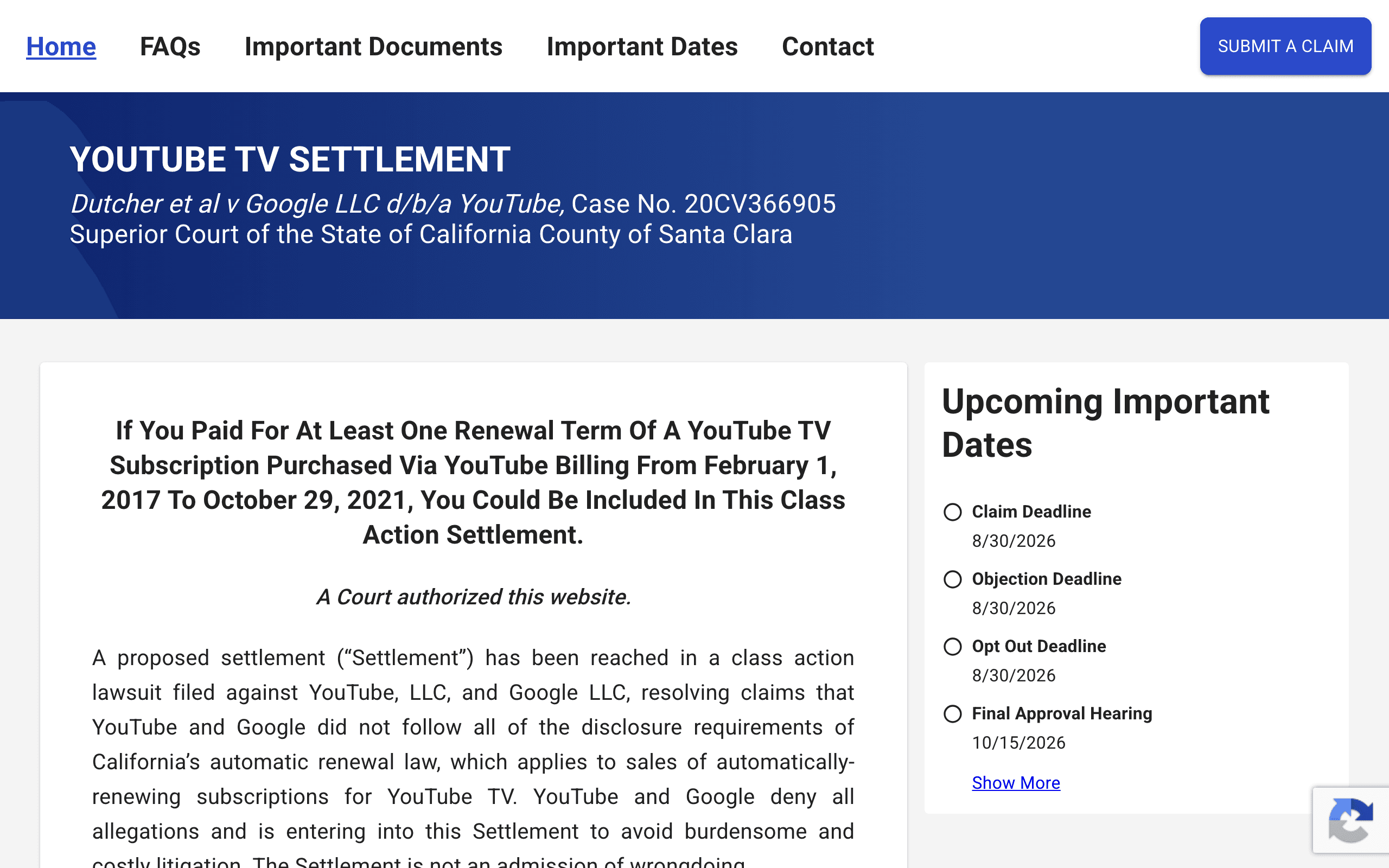 The court-authorized YouTube TV settlement website, showing the class definition for anyone who paid for a renewal term between February 2017 and October 2021, alongside the claim, objection, and opt-out deadlines.